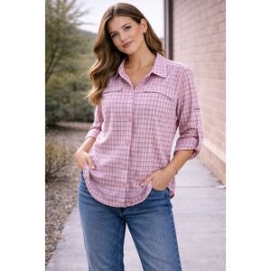 Columbia Omni-Wick Plaid Button Up Womens Large Pink Roll Tab Sleeve hiking